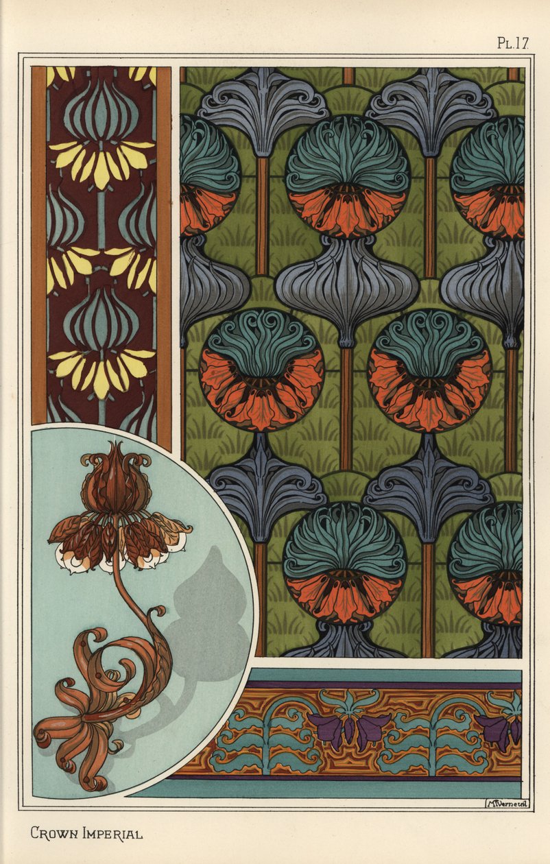 Flor imperial, Fritillaria imperialis, en patrones de papel tapiz y tela, y como diseño para una lámpara de hierro forjado de Eugene Grasset