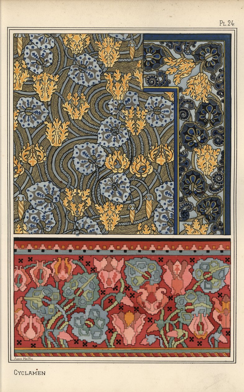 Cyclamen persicum como motivo en diseños para tapicería, tela y papel tapiz. Litografía de Anna Martin de Eugene Grasset