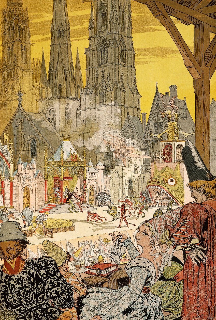 Representación de un misterio en el patio de la catedral, ilustración para Notre-Dame de París de Victor Hugo (1802-1885). de Eugene Grasset