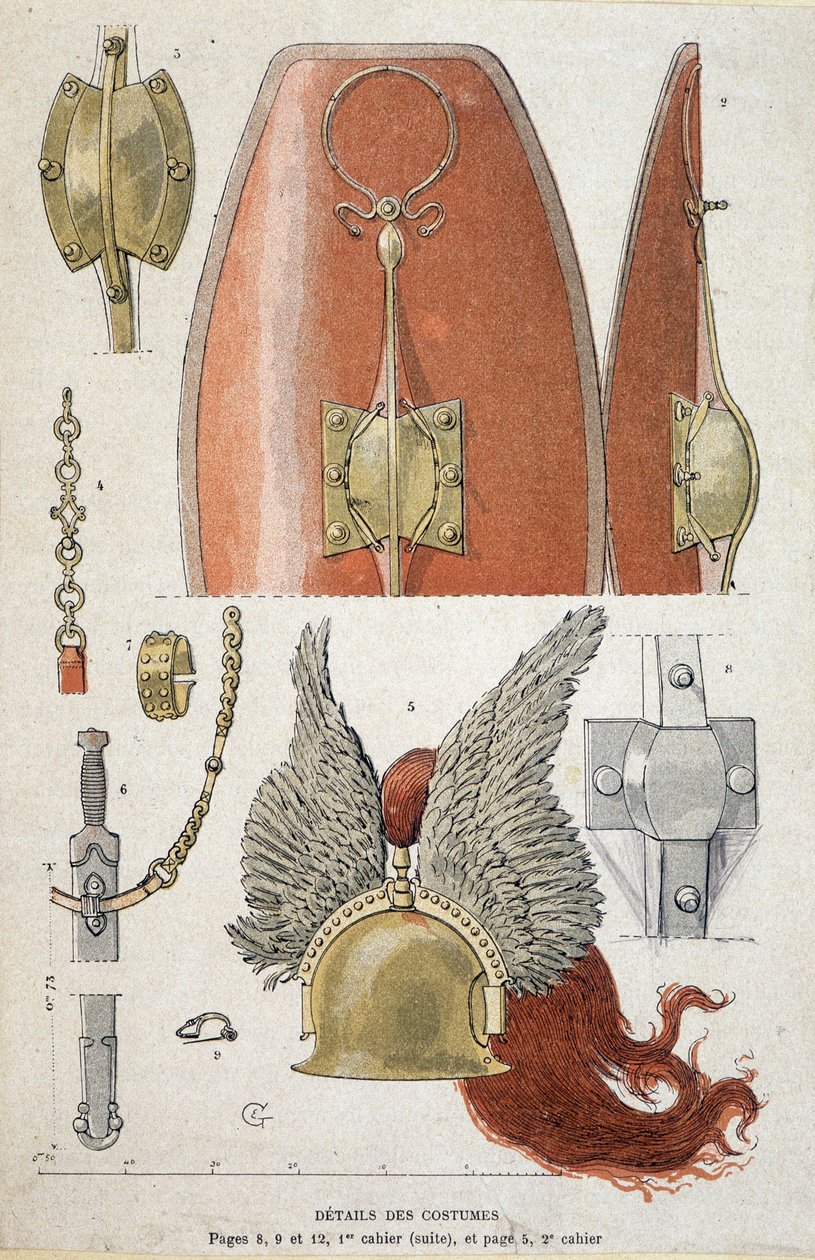 Detalles del traje de guerrero galo - en “Cuadernos de Enseñanza Ilustre, Trajes de Guerra de la Edad del Bronce y la Edad Gala”, ed. Grasset de Eugene Grasset