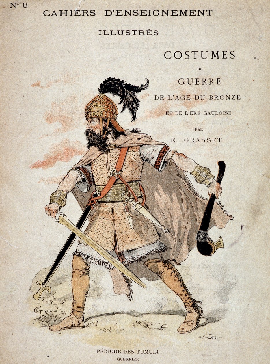 Guerrero galo del período de los Túmulos - en “Cuadernos de Enseñanza Ilustre, Trajes de Guerra de la Edad del Bronce y la Edad Gala”, ed. Grasset. Ilustración de Eugene Samuel Grasset (1841-1917) de Eugene Grasset
