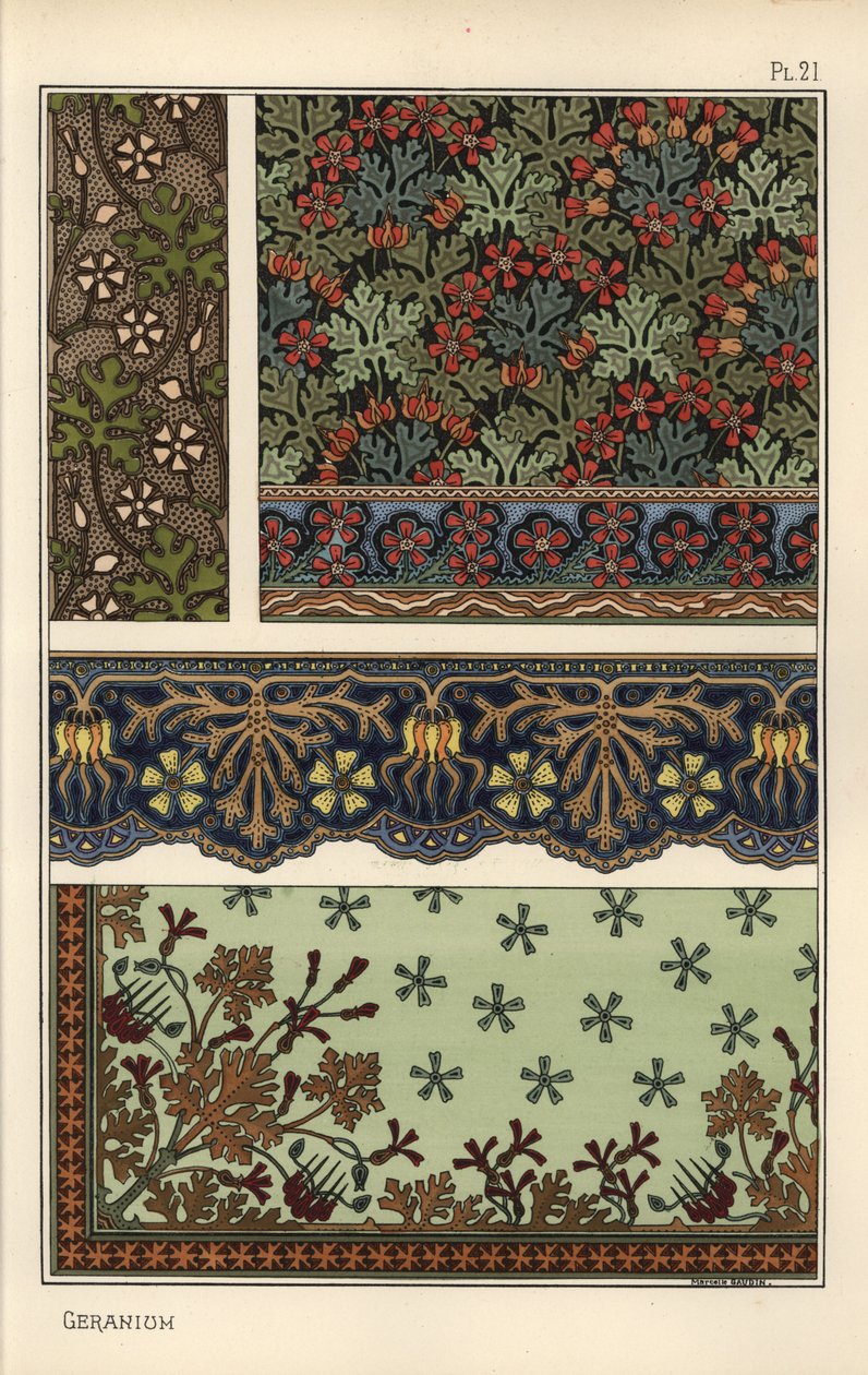 Motivo de geranio en patrones de papel tapiz, borde y tela de Eugene Grasset