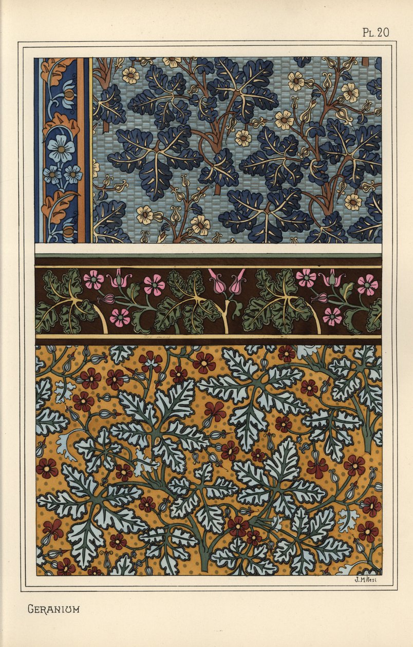 Motivos de geranio en patrones para papel tapiz y tela de Eugene Grasset