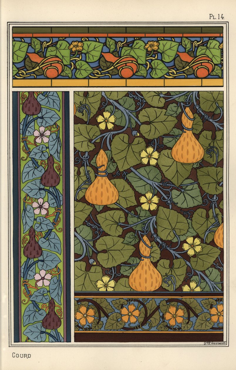 Calabaza en patrones de papel tapiz, vidrieras y telas de Eugene Grasset
