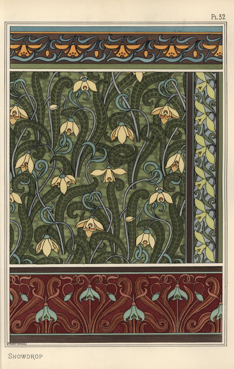 Campanilla de invierno, Galanthus nivalis, como motivo de diseño en papel tapiz, bordes y telas de Eugene Grasset