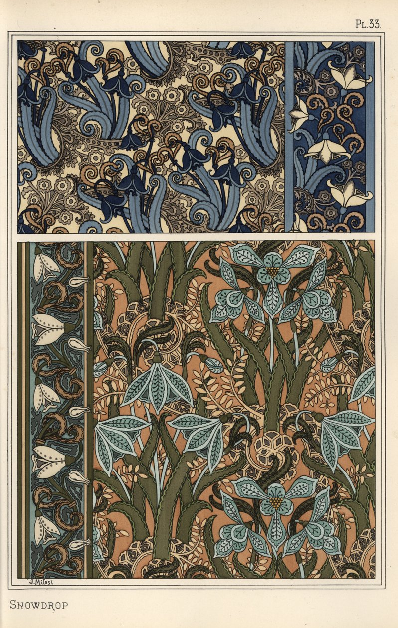 Campanilla de invierno, Galanthus nivalis, como motivo de diseño en papel tapiz, bordes y telas de Eugene Grasset