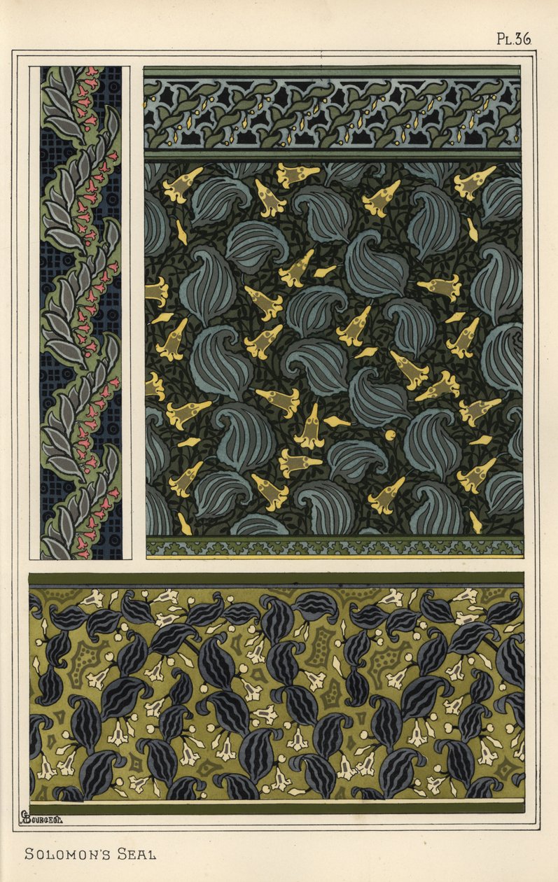 Sello de Salomón, Polygonatum multiflorum, como motivo de diseño en papel tapiz, bordes y tela de Eugene Grasset