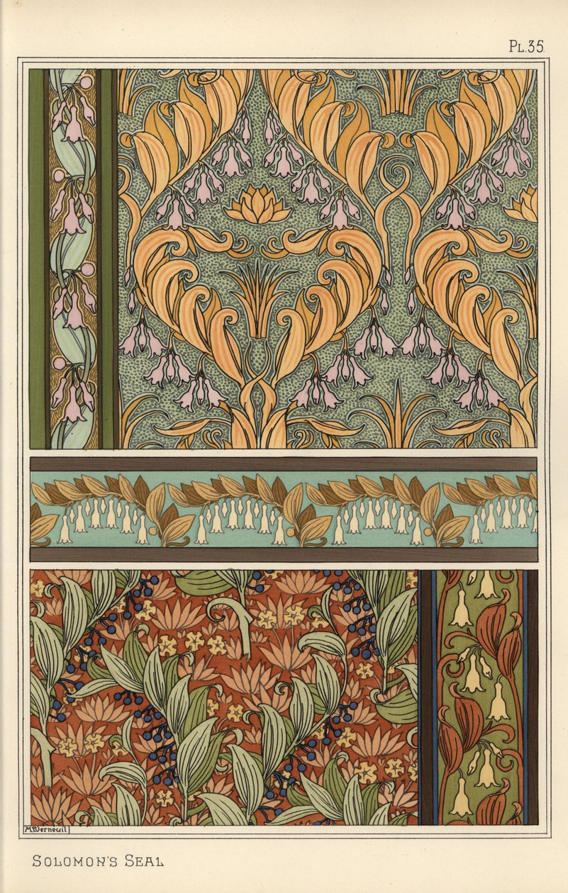 Sello de Salomón, Polygonatum multiflorum, como motivo de diseño en papel tapiz, bordes y tela de Eugene Grasset