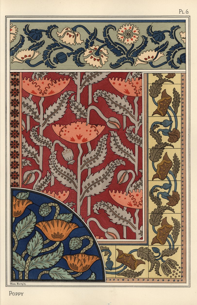 La amapola, Papaver somniferum, en vitrales, papel tapiz, patrones de tela y azulejos. Litografía de Marc Mangin de Eugene Grasset