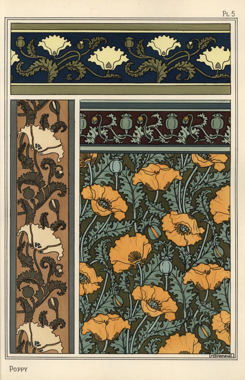 La amapola, Papaver somniferum, en patrones de papel tapiz y tela. Litografía de Verneuil de Eugene Grasset