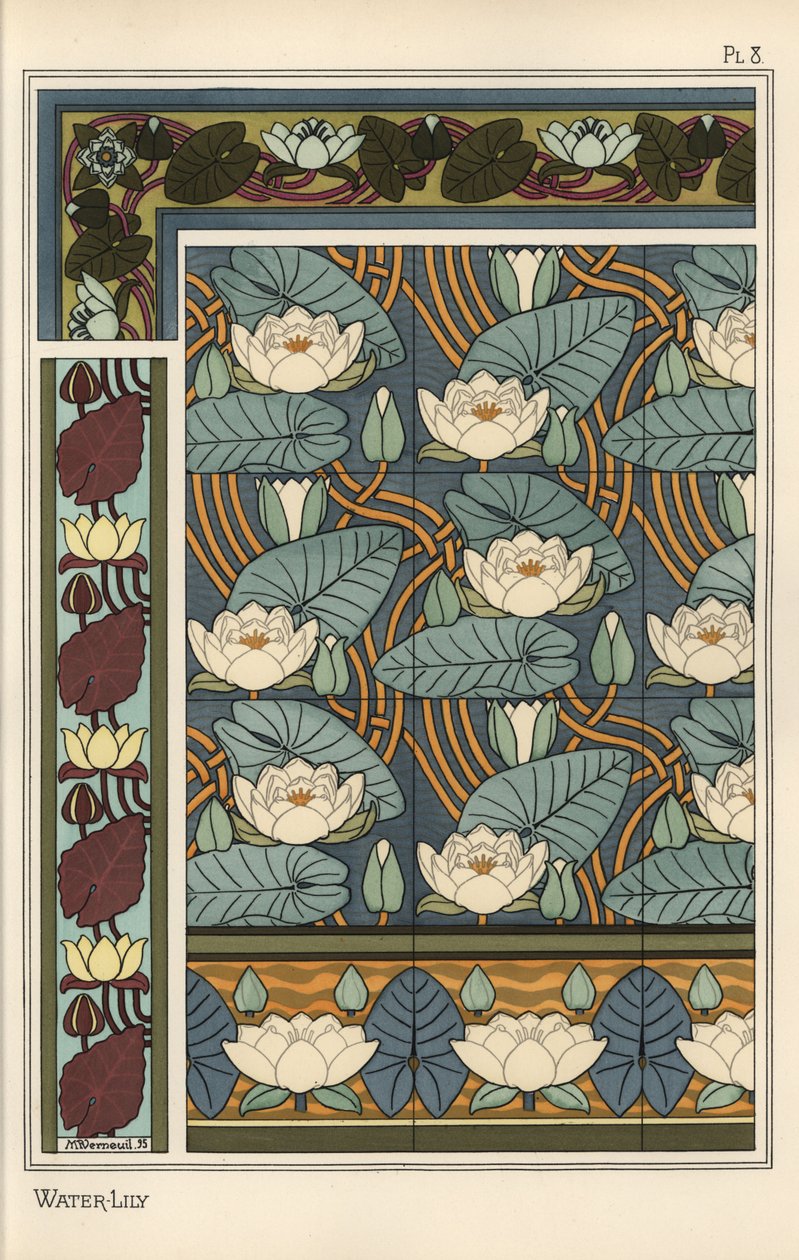 El nenúfar, Nelumbo lutea, en patrones de papel tapiz y azulejos de Eugene Grasset