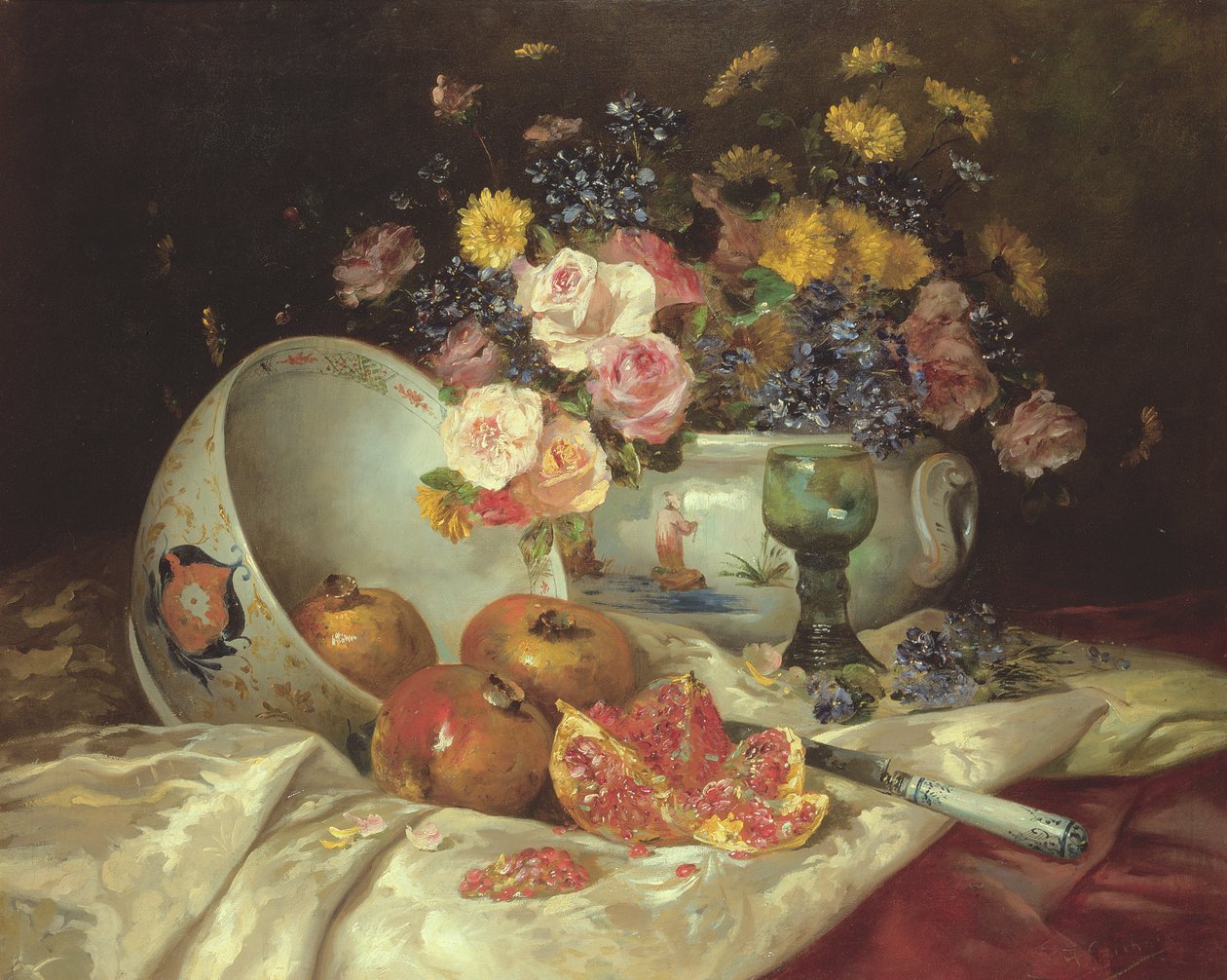 Naturaleza muerta de flores en un jarrón chino con granadas de Eugene Henri Cauchois