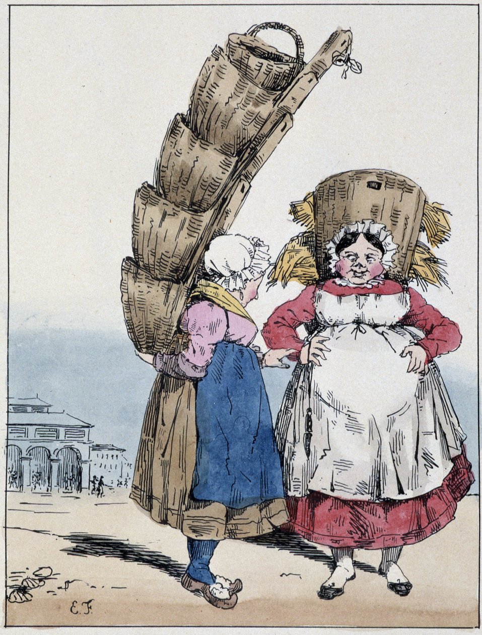 La plaza: dos mujeres hablando y llevando cestas - en “Recuerdos de un paseante” de Eugène Forest, ed. Delpech, París, c.1830 de Eugene Hippolyte Forest