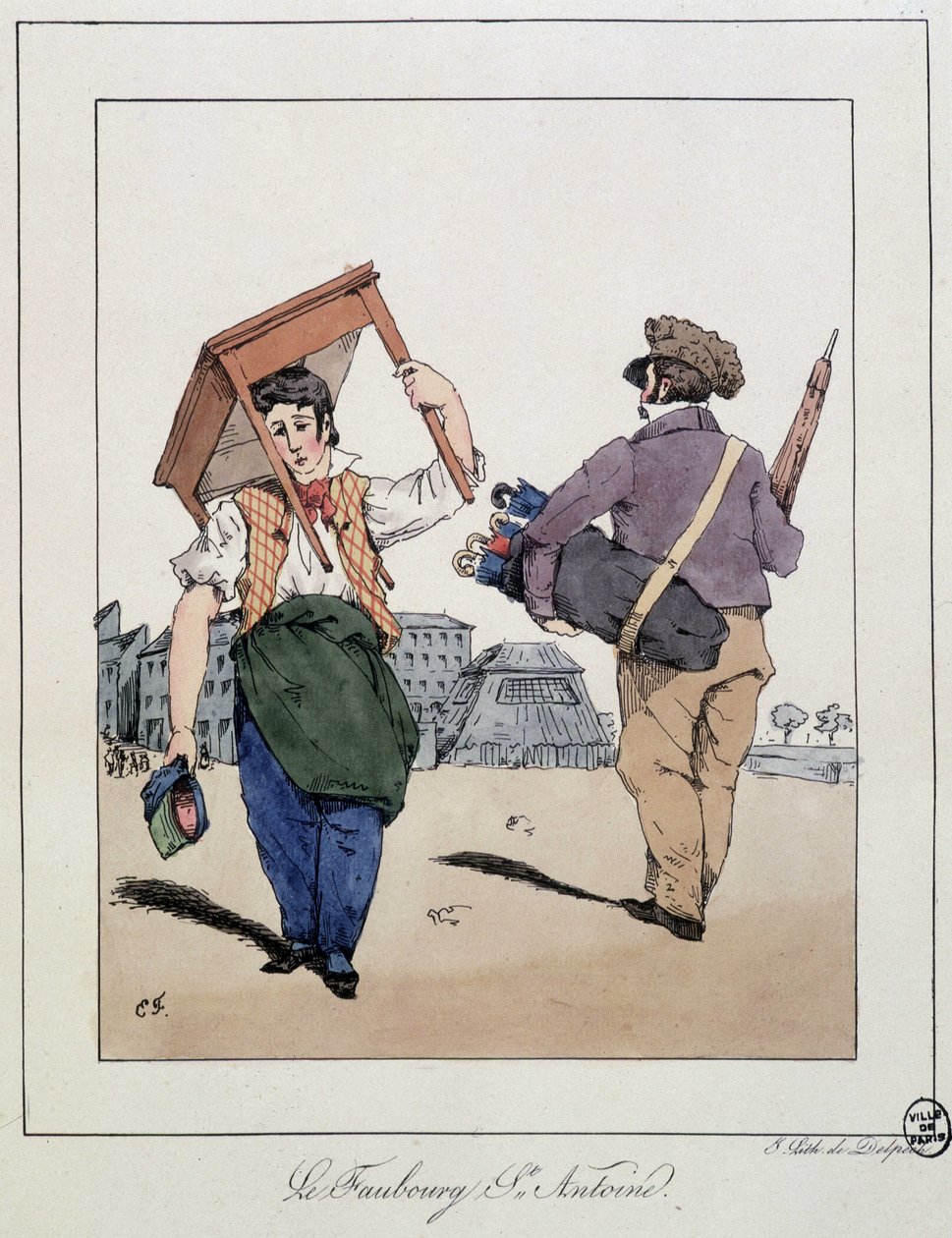 El suburbio St Antoine: reparador de muebles y vendedor ambulante de paraguas - en “Recuerdos de un paseante” de Eugène Forest, ed. Delpech, París, c.1830 de Eugene Hippolyte Forest