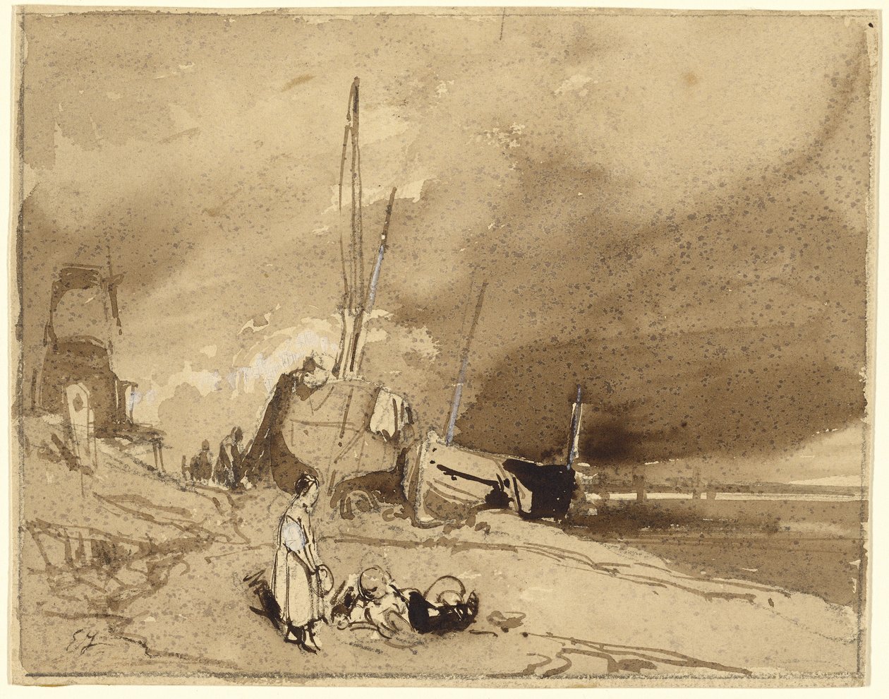 Bord de Plage (Barcos de pesca en una playa, nubes de tormenta a lo lejos) de Eugene Isabey