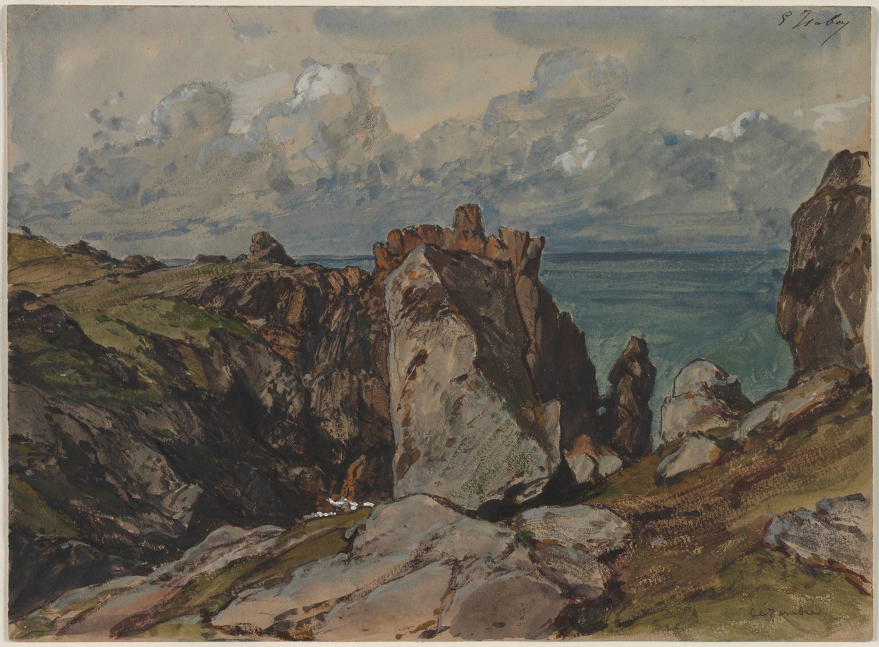 Acantilados junto al mar en Cézembre, Bretaña, c. 1830 de Eugene Isabey