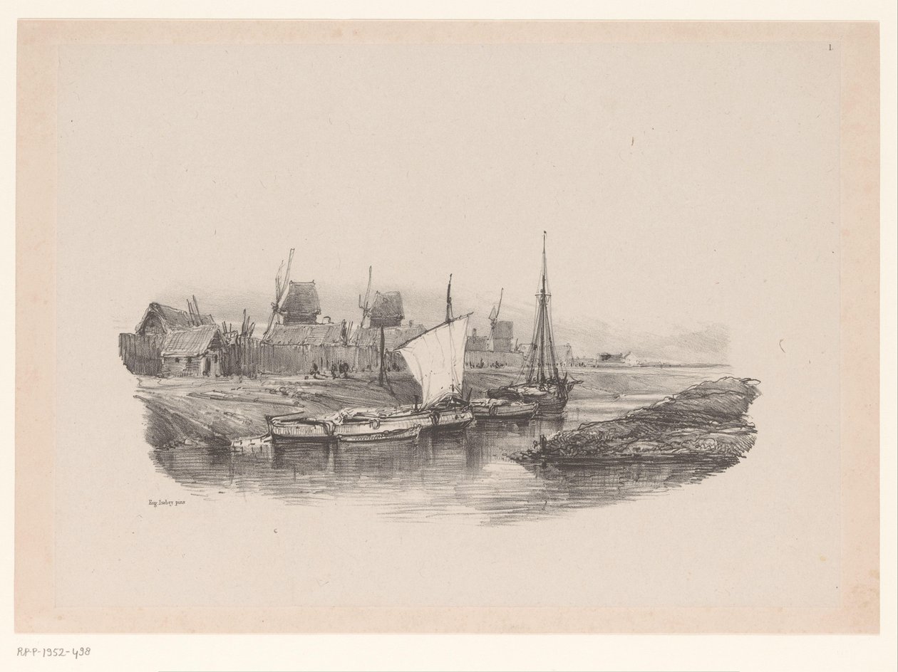 Puerto con barcos y molinos de viento Chapa el Canal Memorias de Eugène Isabey (título de la serie) Souvenirs d