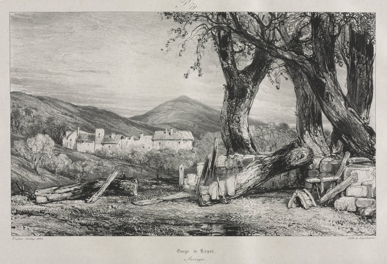 Viajes pintorescos y románticos en la antigua Francia: Auvernia vol. II, Garganta de Royat, Placa 79, 1830 de Eugene Isabey