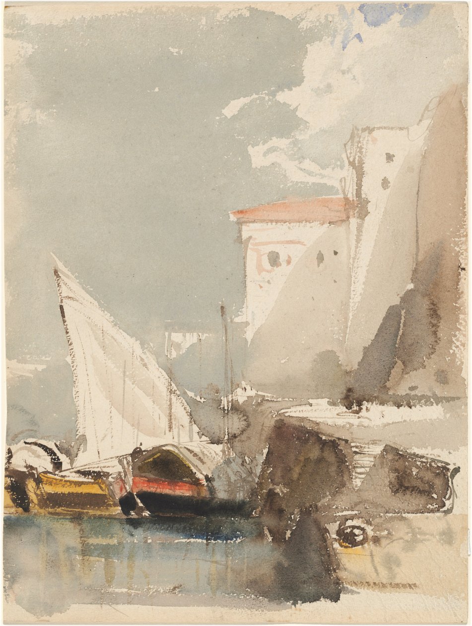 Veleros en un puerto iluminado por el sol (recto) de Eugene Isabey