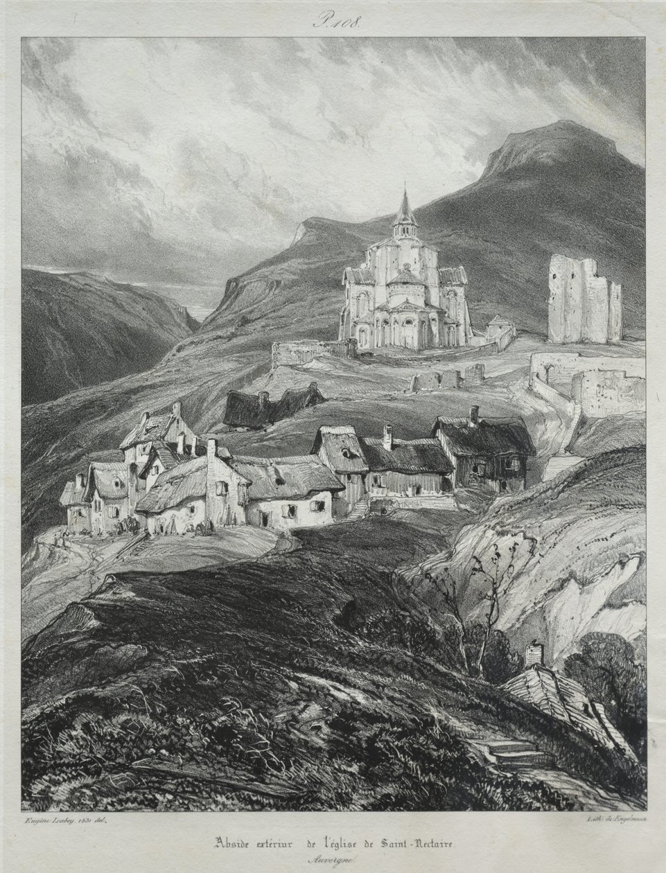 Viajes pintorescos y románticos en la antigua Francia, Auvernia: Ábside de la iglesia de Saint Nectaire de Eugene Isabey