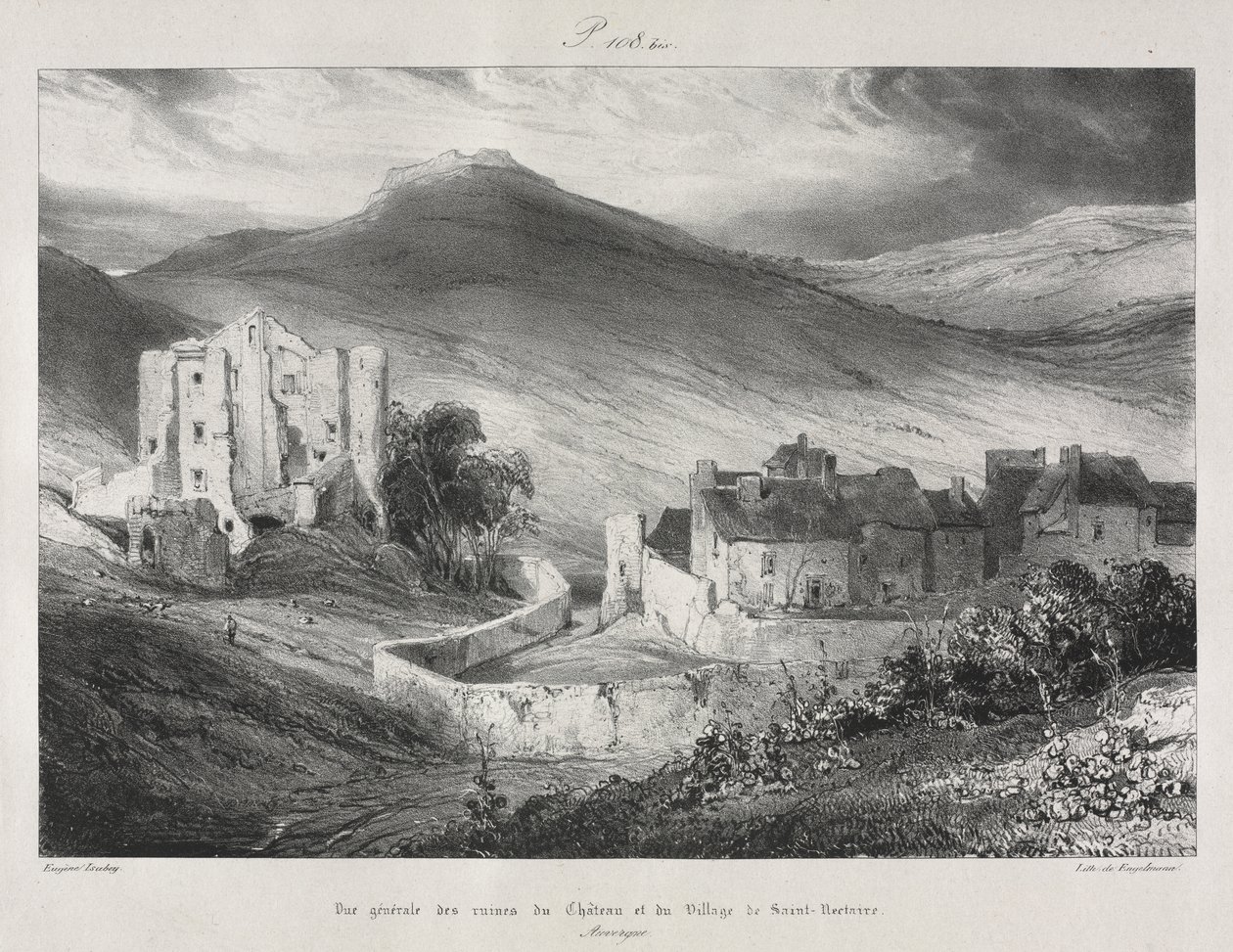 Viajes pintorescos y románticos en la antigua Francia, Auvernia: Ruinas del castillo y del pueblo de Saint Nectaire de Eugene Isabey