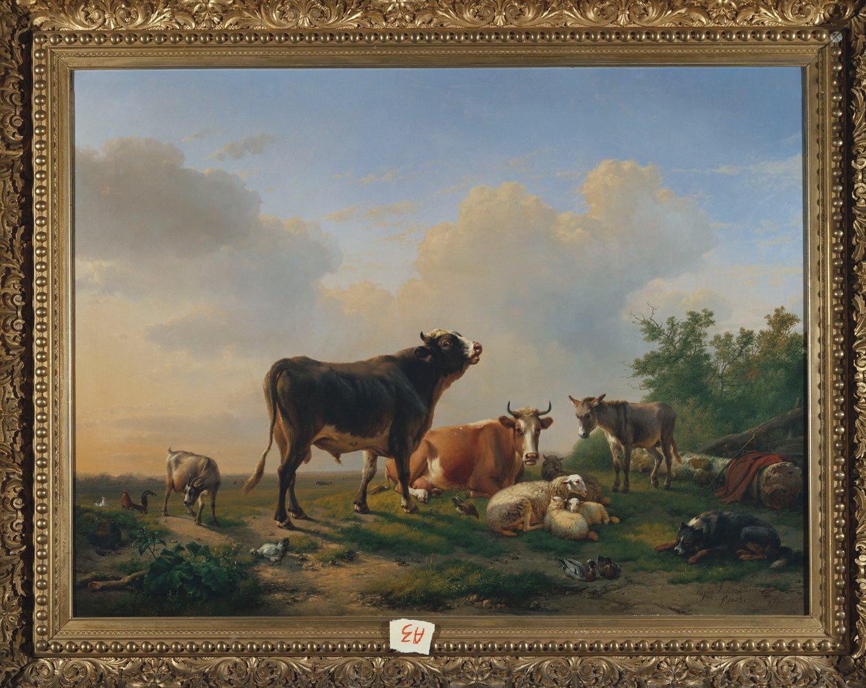 Un toro, una vaca, un burro, una cabra, ovejas y aves de corral en un paisaje extenso, 1849 de Eugene Joseph Verboeckhoven