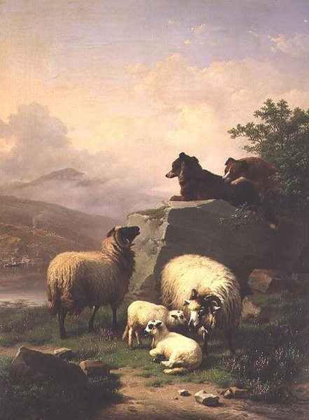 Ovejas y corderos con dos perros en un paisaje fluvial de Eugene Joseph Verboeckhoven