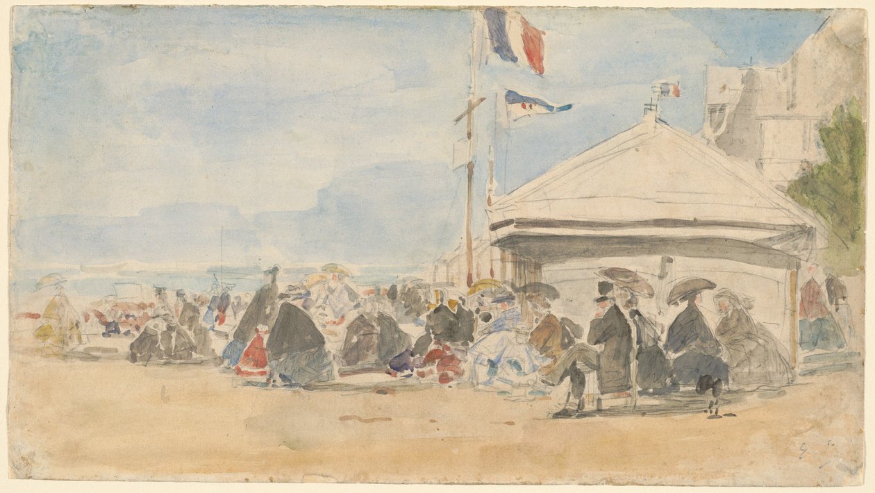 Casa de playa con banderas en Trouville de Eugene Louis Boudin