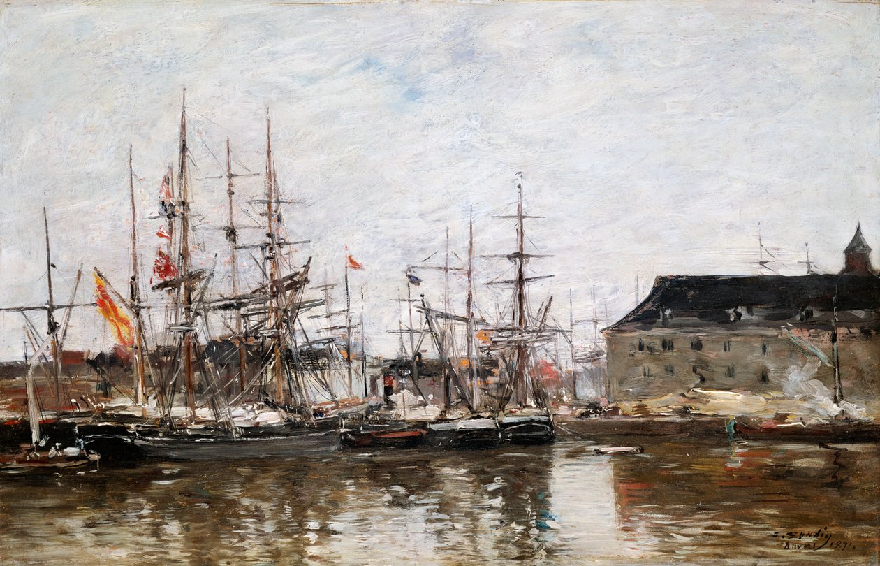 Tres mástiles en el muelle, Amberes de Eugene Louis Boudin
