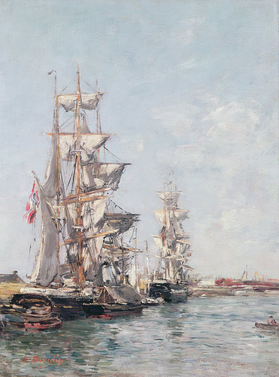 Barcos de tres mástiles en el muelle del puerto de Deauville, c.1888-89 de Eugene Louis Boudin