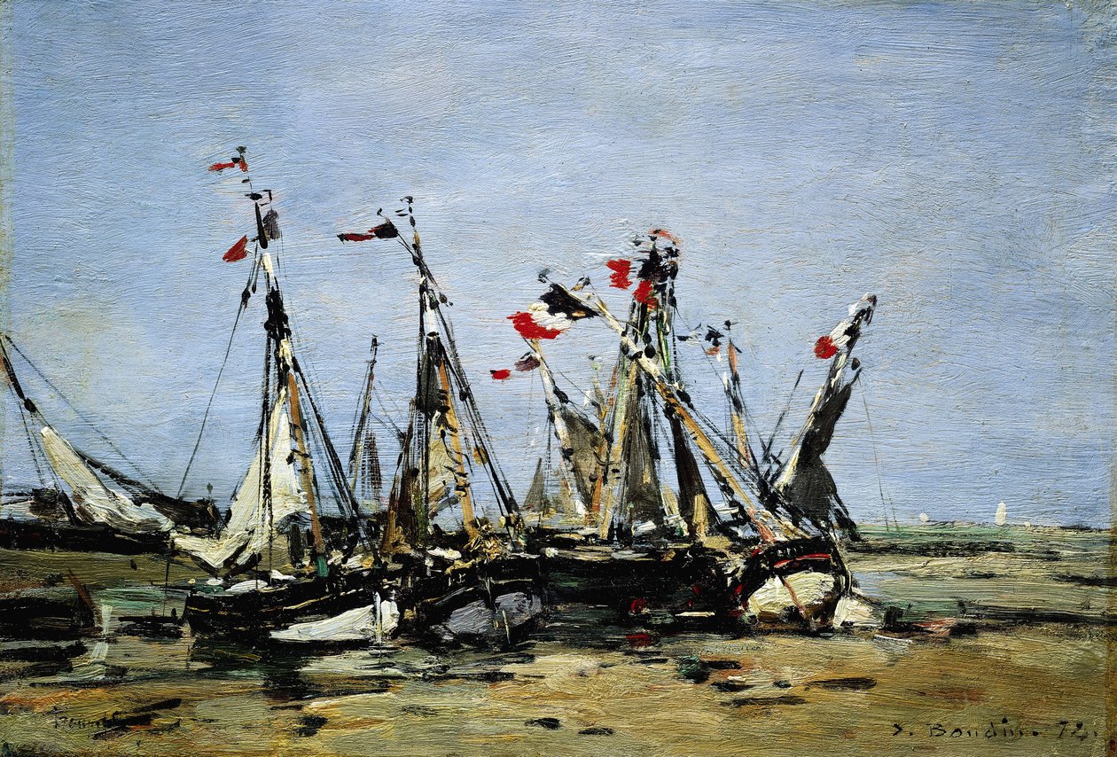 Trouville (Francia), esperando la marea, barcos de pesca en la playa, decorados con banderas francesas, conmemorando la Revolución Francesa de 1789. de Eugene Louis Boudin