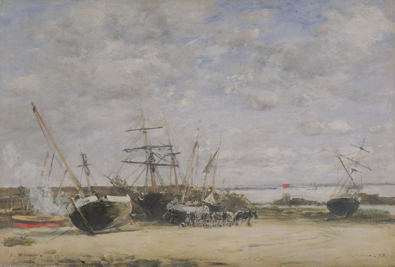 Embarcaciones y Caballos en la Orilla de Eugene Louis Boudin