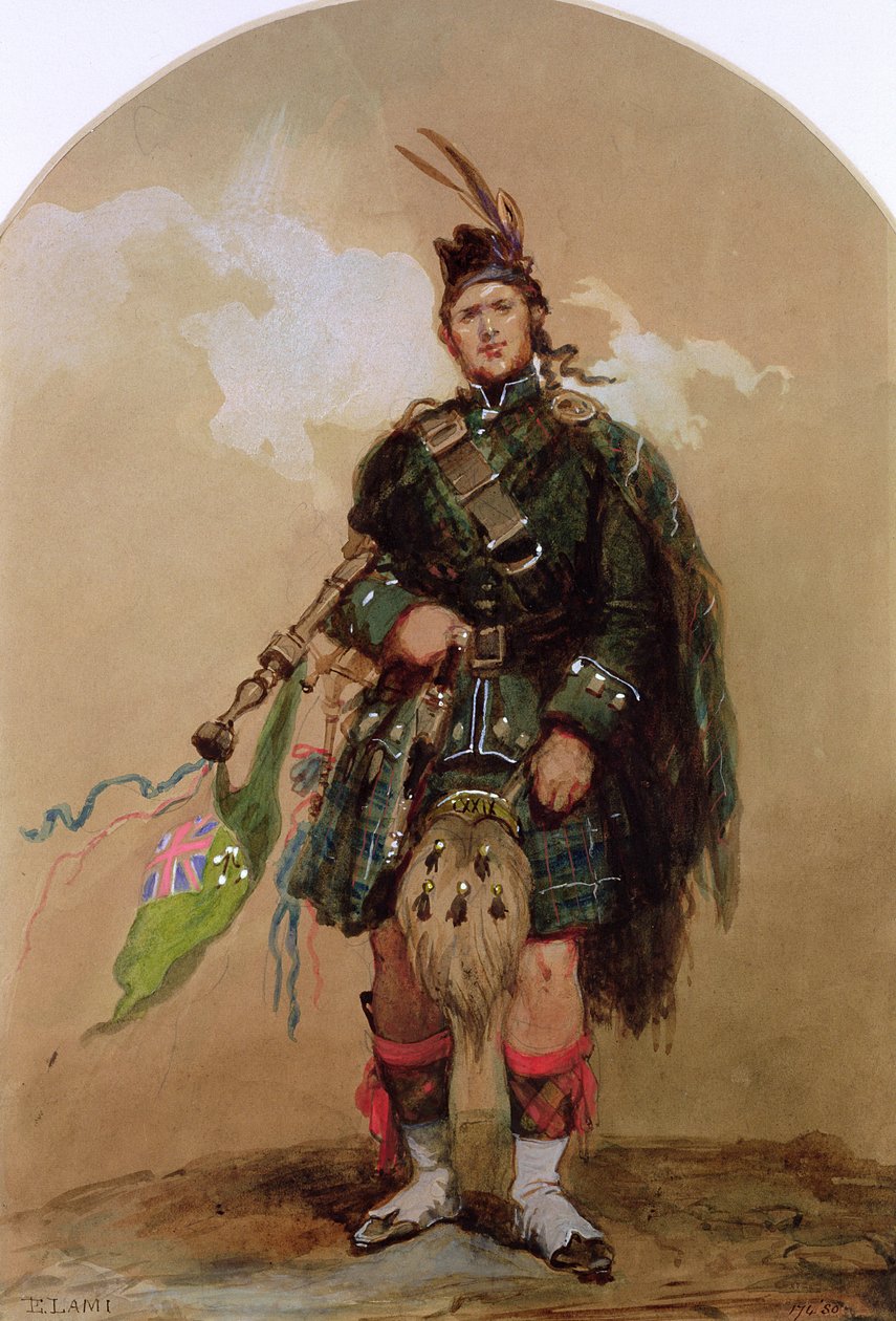 Un gaitero de los Highlanders 79 en el campamento de Chobham en 1853 de Eugene Louis Lami