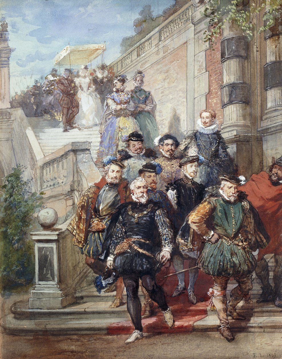 Una procesión real descendiendo una escalera en un jardín de Eugene Louis Lami