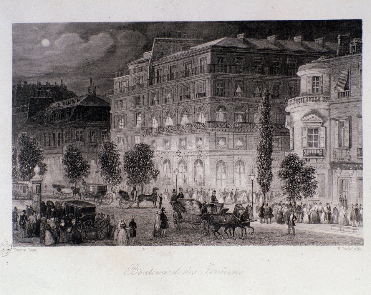 Animación alrededor de los teatros del boulevard des Italiens en París. Grabado por Eugene Louis Lami (1843). Colección privada de Eugene Louis Lami