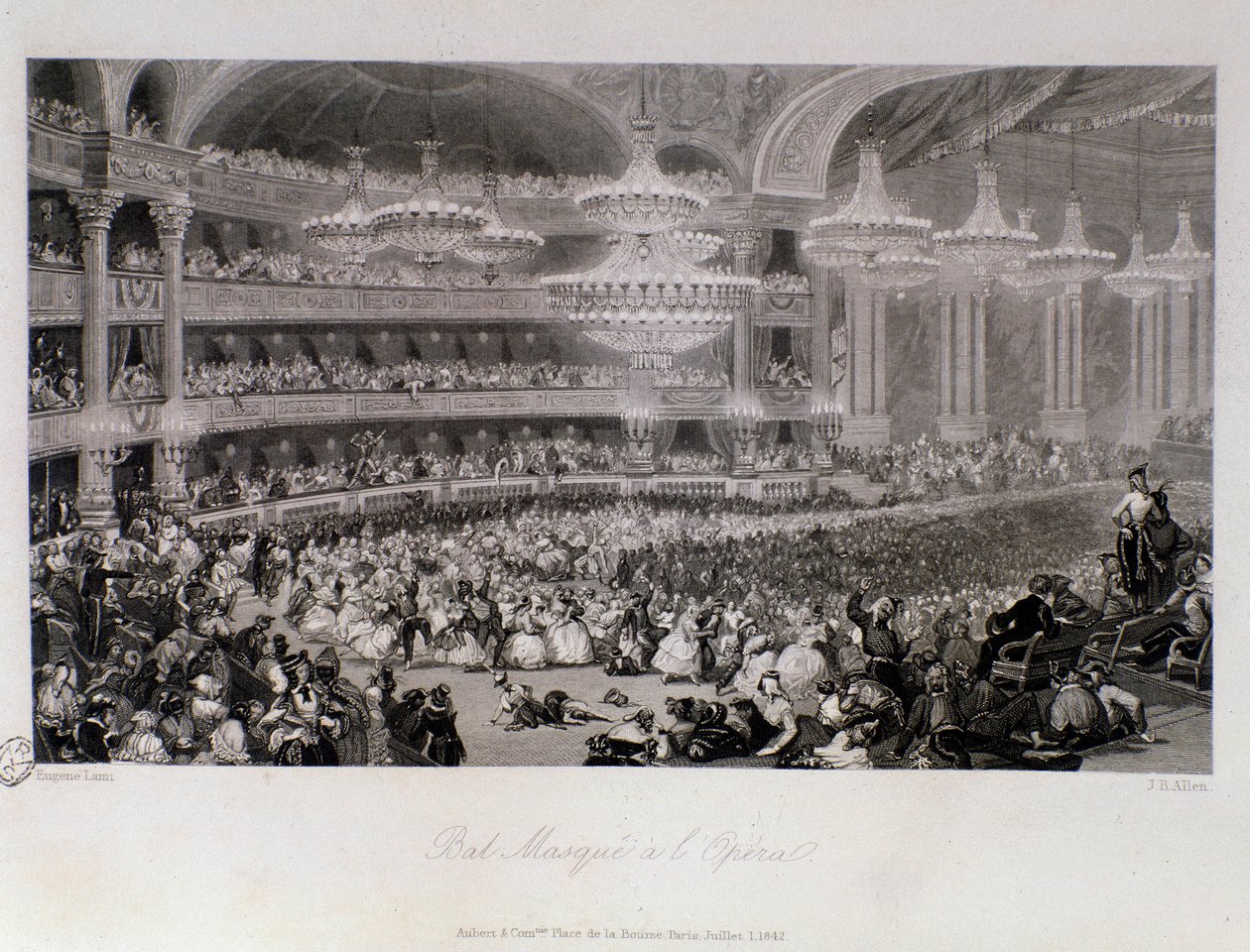 Baile de máscaras organizado en la Ópera de París. Grabado por Eugene Louis Lami (1843). Colección privada de Eugene Louis Lami