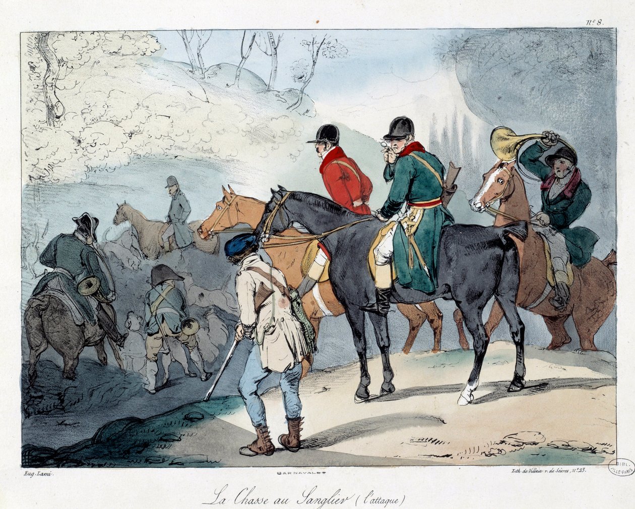 Caza de jabalíes. Ilustración del libro "La vie de chateau". Grabado por Eugene Louis Lami de Eugene Louis Lami
