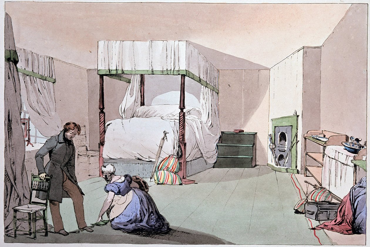 Hostal: un sirviente ayudando a un cliente a ponerse los zapatos. Ilustración de Eugene Louis Lami (1800-1890), mediados del siglo XIX de Eugene Louis Lami