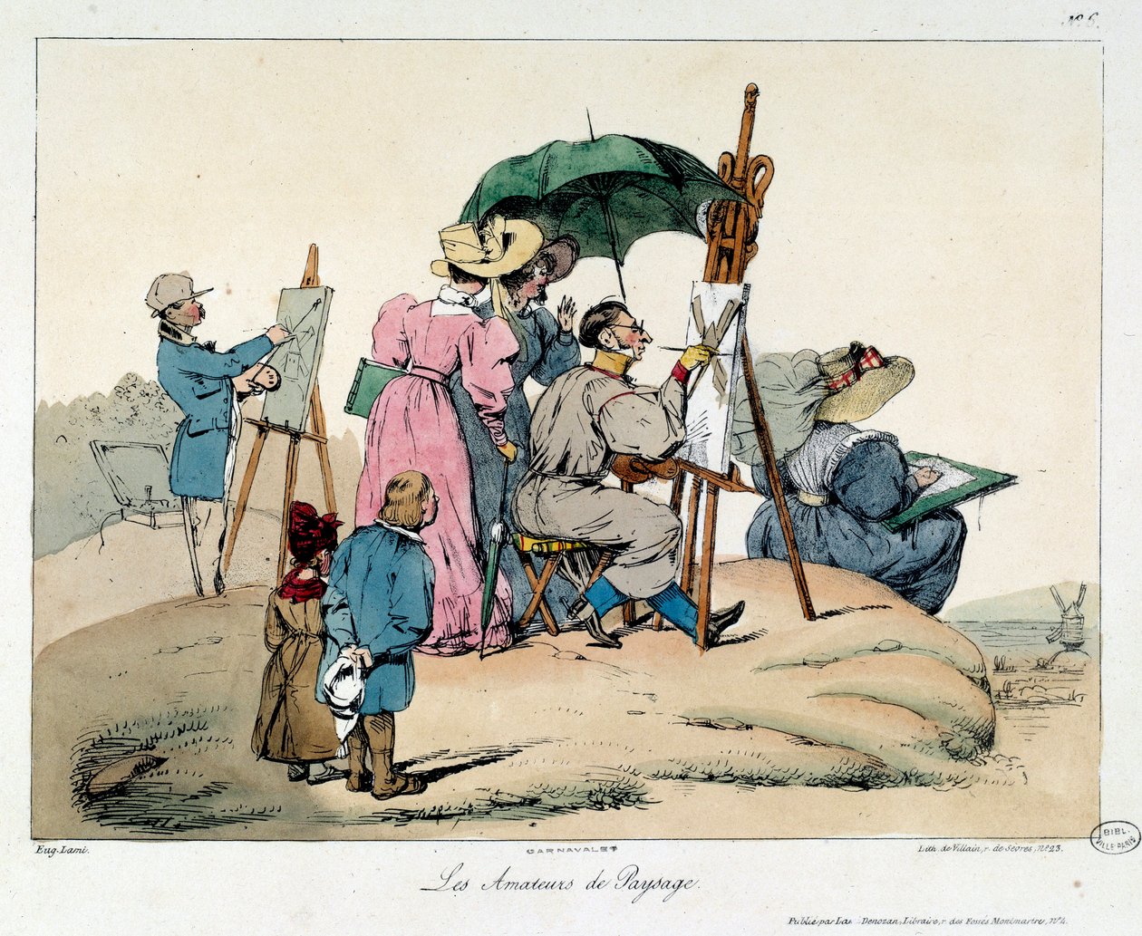 Amantes del paisaje. Pintores presentados se agrupan para pintar un paisaje marítimo. Ilustración del libro la vie de chateau de Eugene Louis Lami