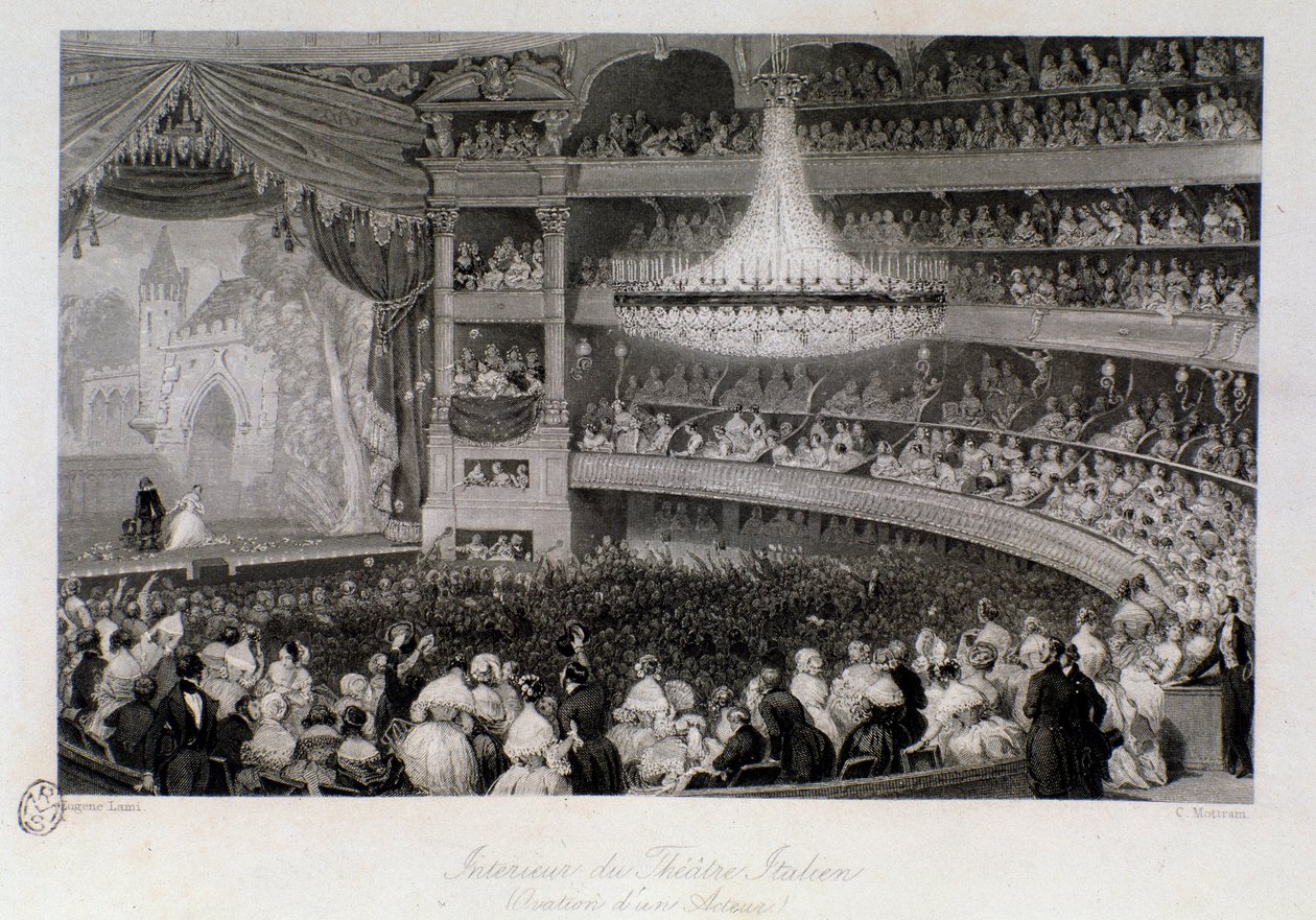 Ovation de un actor durante una actuación en el Théâtre des Italiens en París. Grabado por Eugène Louis Lami (1800-1890) de Eugene Louis Lami