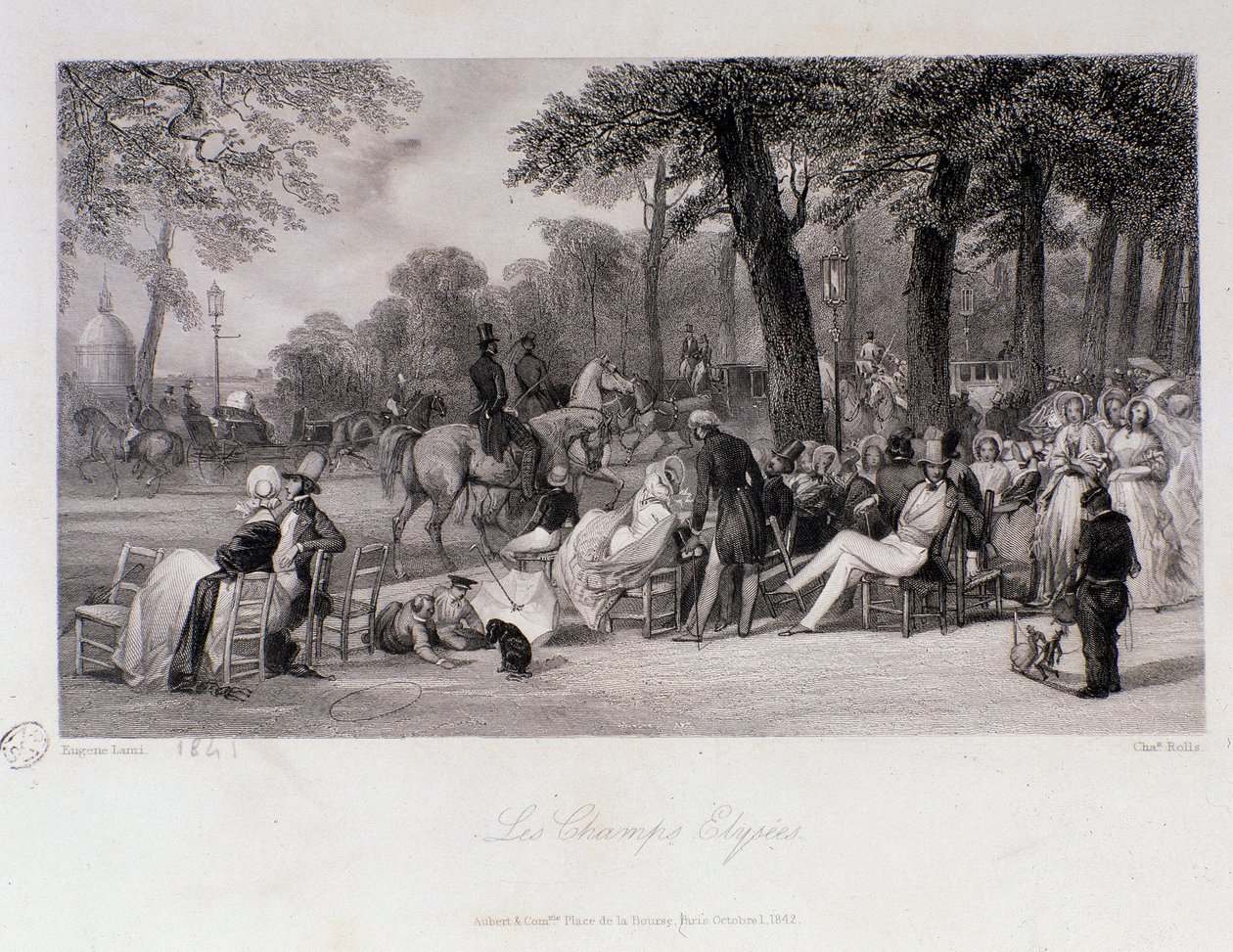 Pasajeros y caminantes en los Campos Elíseos en París. Grabado de Eugene Louis Lami (1800-1890) 1841. Colección privada de Eugene Louis Lami
