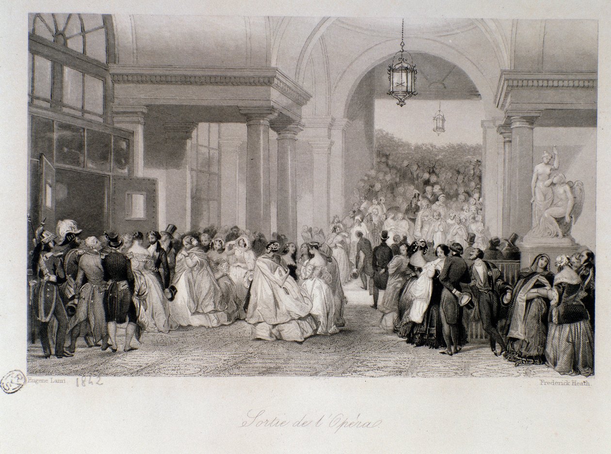 El público tiene la salida de la Ópera en París. Grabado por Eugene Louis Lami (1800-1890) 1842 Colección privada de Eugene Louis Lami