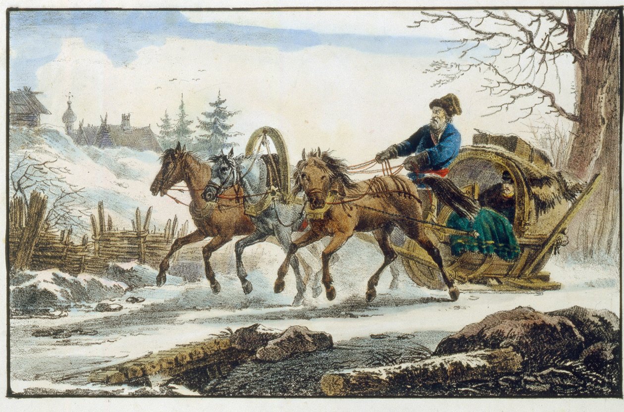 El trineo tirado por caballos con un refugio para viajeros (Troika Kibitka). Obra de Eugene Pluchard (1809-1880), litografía y acuarela de Eugéne Pluchart