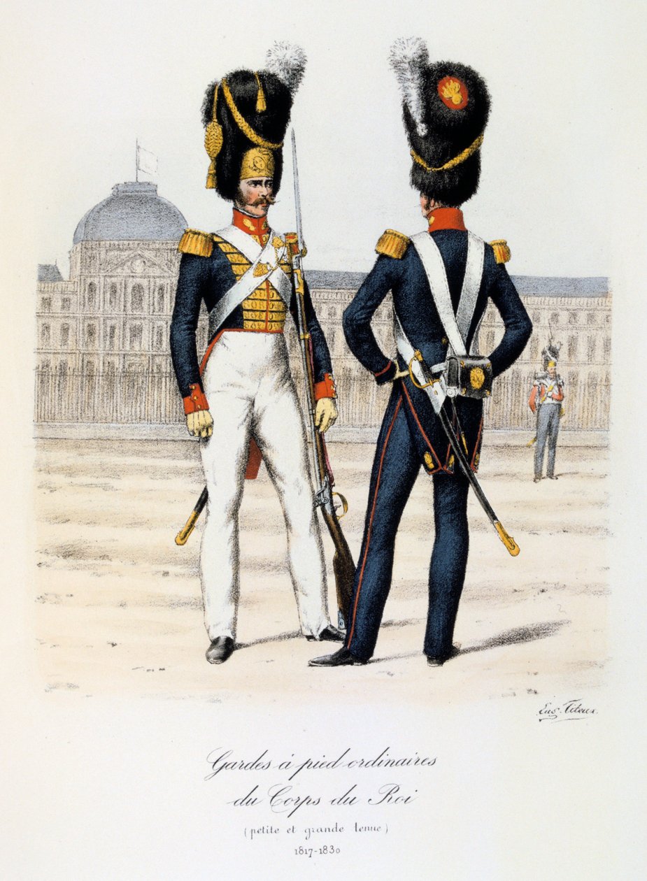 Guardias a pie ordinarios del Cuerpo del Rey, pequeña y gran tenida, 1817-30 de Eugene Titeux