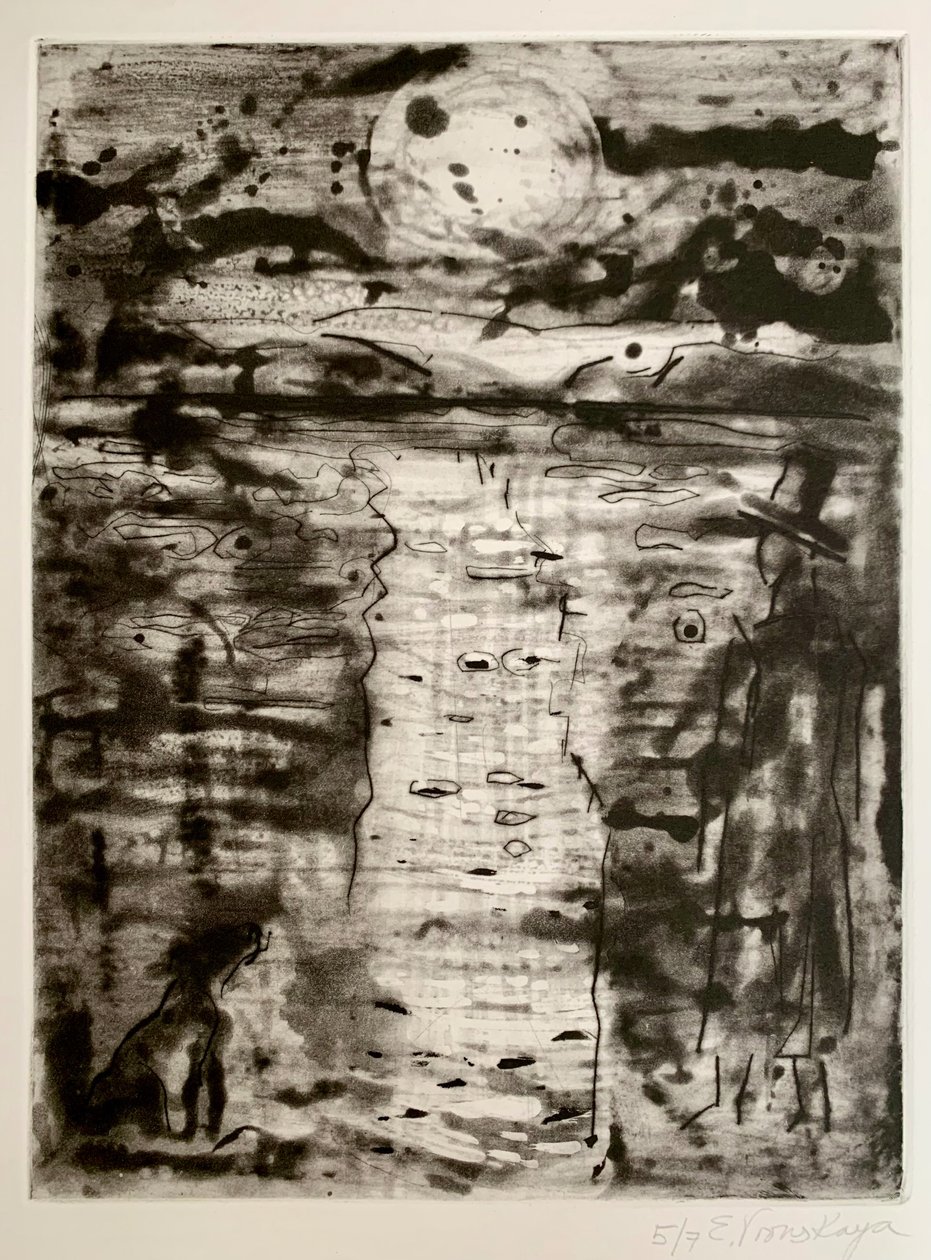 Mirando la luna, 2023 (aguafuerte, punta seca, mordida de saliva) de Eugenie Vronskaya