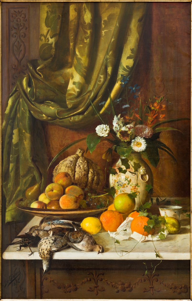Flores, frutas y caza (óleo sobre lienzo) de Eugenio De Giacomi