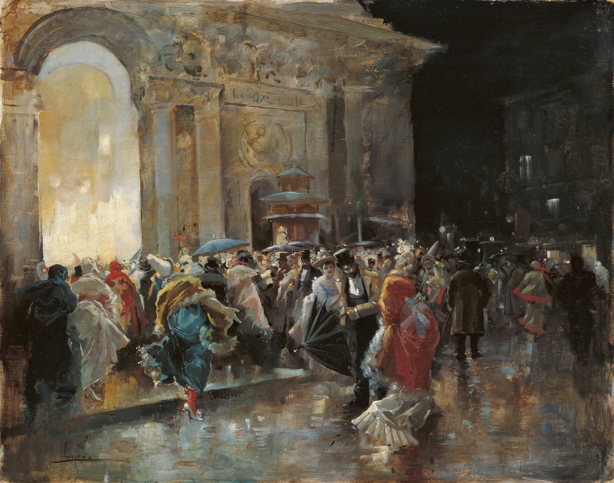 Llegando al teatro en una noche de baile de máscaras - Lucas Villaamil, Eugenio (1858-1919) - c. 1895 - Óleo sobre madera - 31x40 - Museo Carmen Thyssen, Málaga de Eugenio Lucas Villaamil