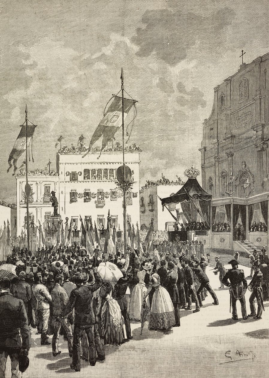 Inauguración del monumento a Víctor Manuel II (1820-1878), primer rey de Italia, en presencia de Umberto I (1844-1900), rey de Italia, estatua de Eugenio Maccagnani (1852-1930), Lecce, Italia. de Eugenio Maccagnani