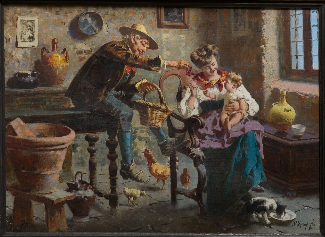 Escena con un hombre, una mujer y una niña (óleo sobre lienzo) de Eugenio Zampighi
