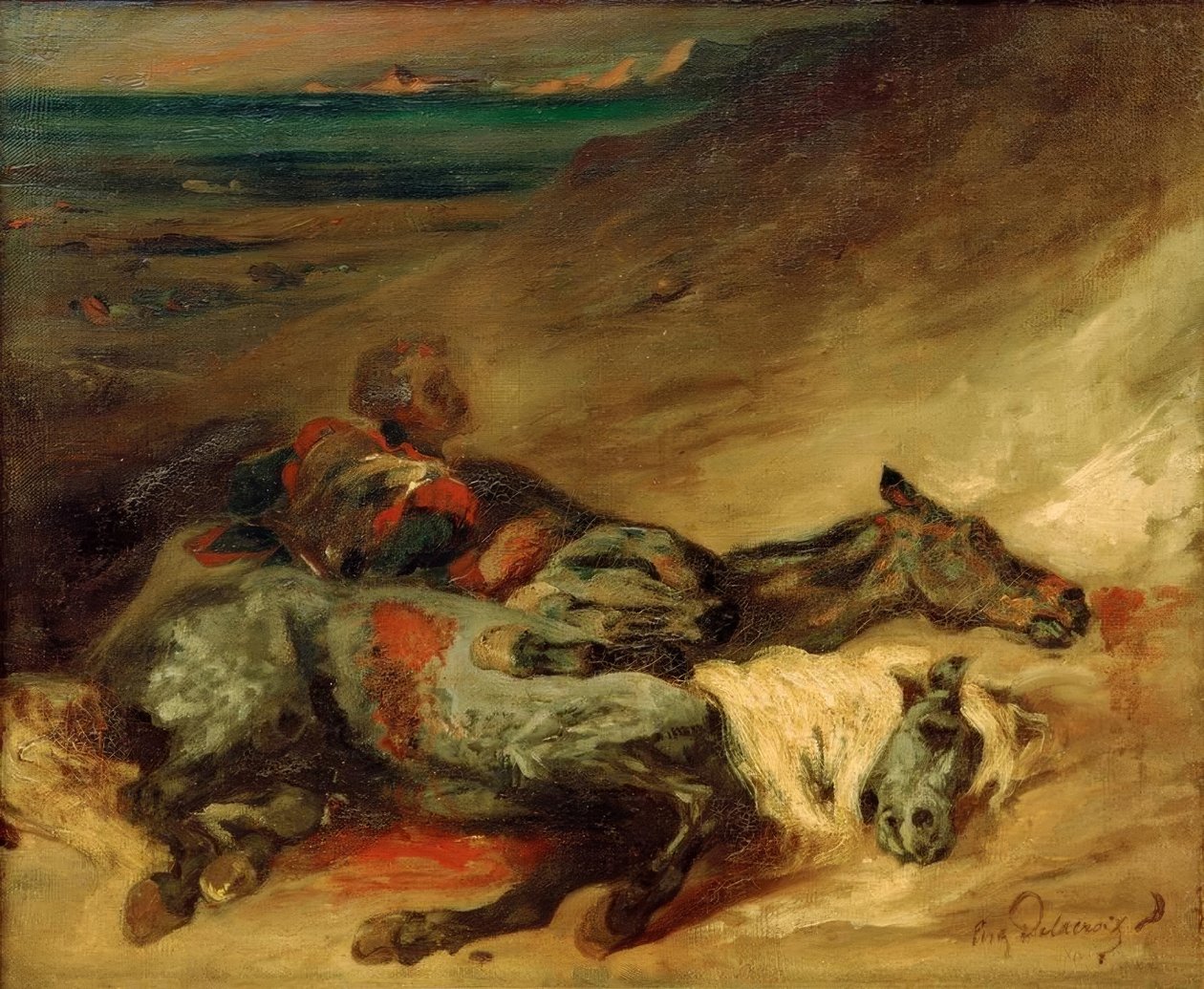 Los dos caballos muertos en el campo de batalla de Ferdinand Victor Eugene Delacroix